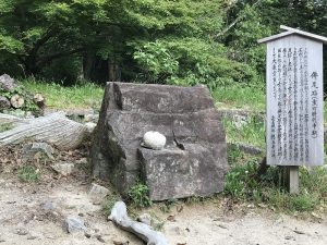 天主台跡に向かう途中、伝二の丸の下あたりに築城当時、石垣として使われたとされる仏足石があります。